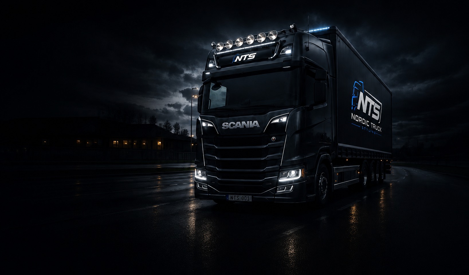 Black Nordic Truck Styling Scania on a rain-soaked road